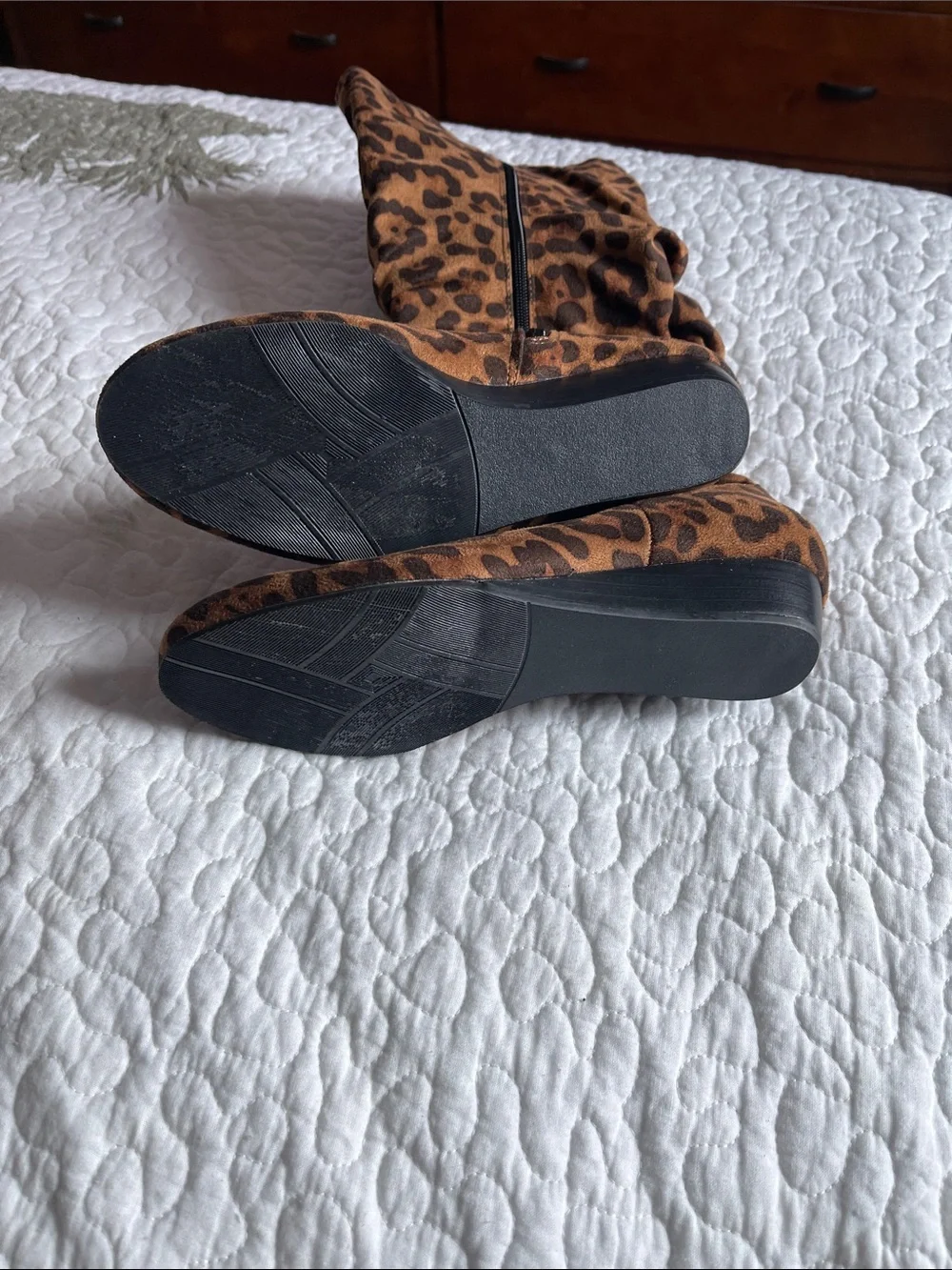 Women's Leopard Print Wedge Mid-Calf Boots - Brown